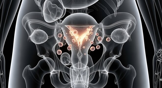 Anatomical Illustration of the Female Reproductive System with Uterus and Ovaries Highlighted.