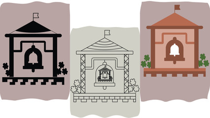 Obraz premium Historic Schoolhouse Bell Tower Icon Set - Vintage Education and Heritage Building Illustration
