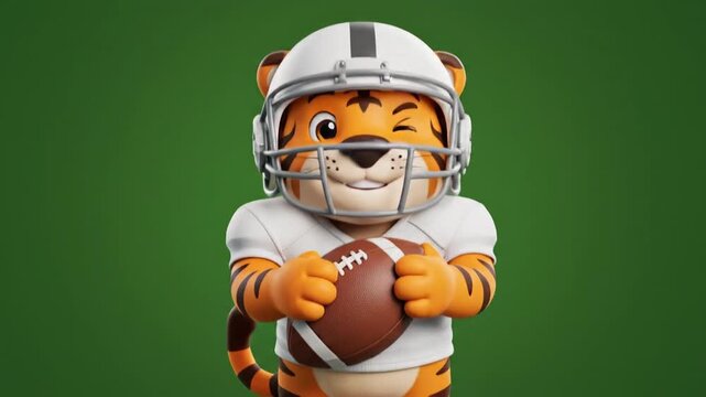 Cute Tiger Mascot Character Holding American Football Ball