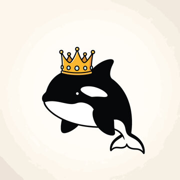 A cartoon-style illustration of an orca, shown in black and white with a white spot and a golden crown atop. Background is beige