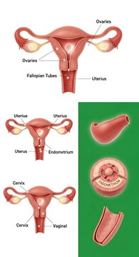 Detailed Anatomical Illustration of the Female Reproductive System and Uterus Cross-Sections.