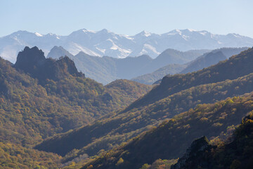 Fototapeta premium Panoramic view of a mountain gorge with forested slopes
