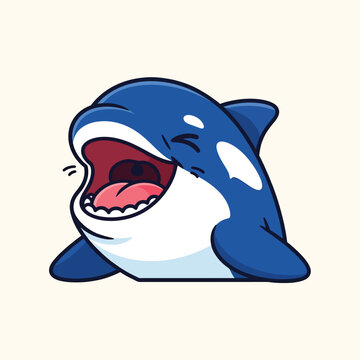 A cartoon-style illustration of an orca whale with its mouth wide open, smiling, and eyes closed. The whale is colored blue and white with a pink mouth