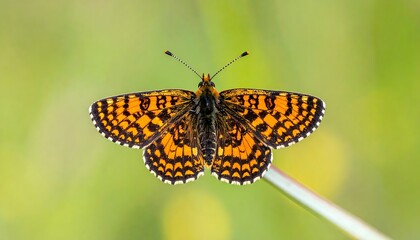 Obraz premium A butterfly perched on a blade of grass