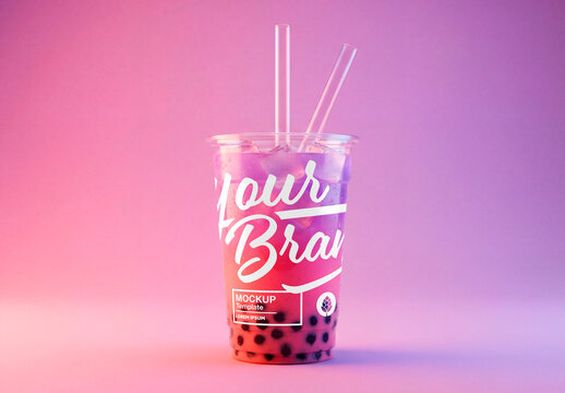 Bubble tea drink cup mockup with straw and ice