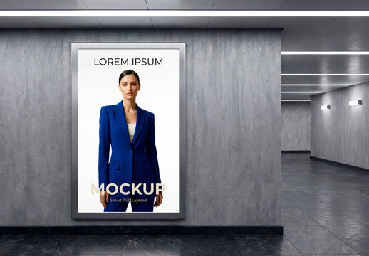 Subway wall billboard frame mockup in corridor
