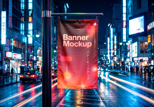Street pole hanging banner mockup in city at night