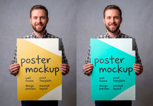 Man holding blank poster board mockup portrait