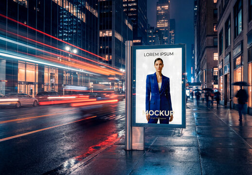 City street billboard mockup at night with light trails