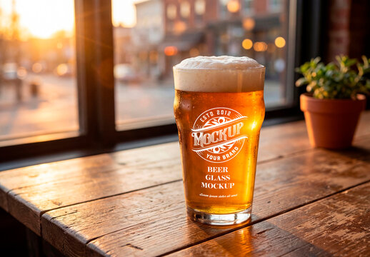 Glass of beer on wooden table at sunset