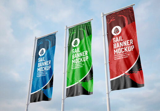 Outdoor flag banners mockup set on poles waving fabric