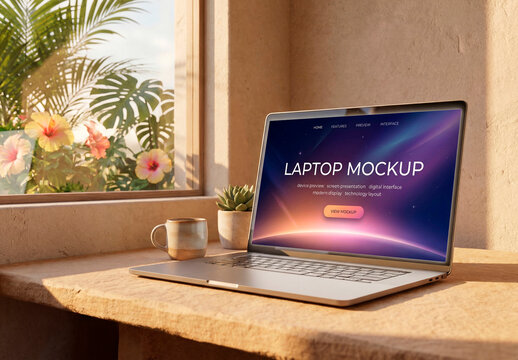 Laptop mockup on desk with tropical window view