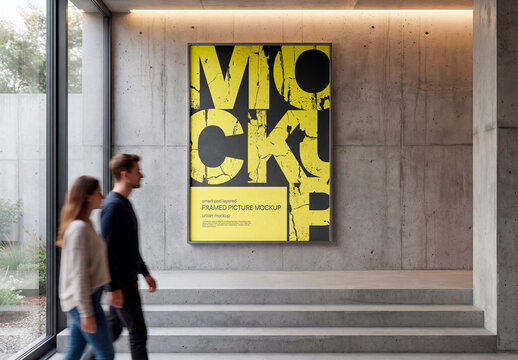 Modern concrete wall poster frame mockup with people walking