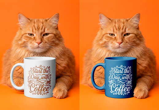 Ginger cat with blank mug on orange background