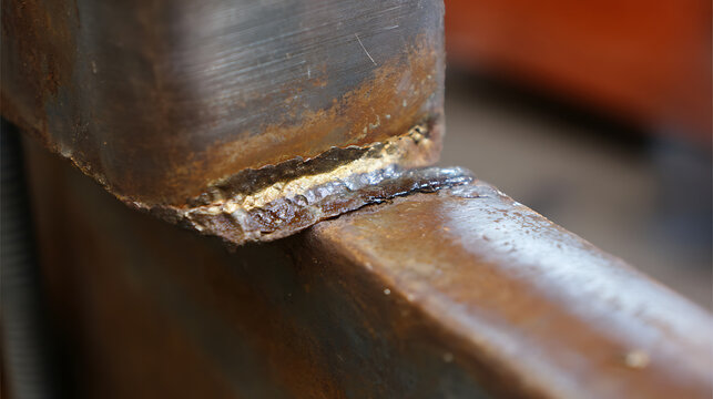 Close-up of a raw, imperfect metal weld joint on rusty iron beams, showing industrial texture and construction work detail in a workshop