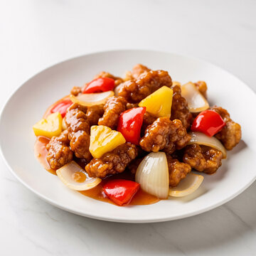 Sweet and sour chicken with pineapple, red peppers, and onion on a white plate