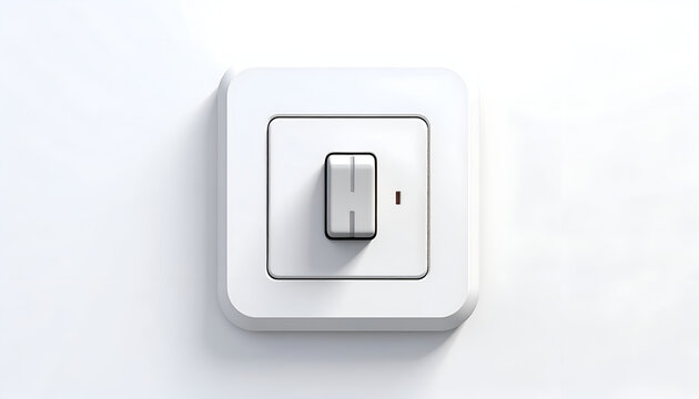 Isolated white light switch with red indicator light on a white wall surface