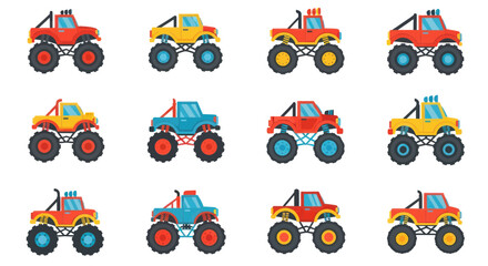Set of Colorful Monster Trucks, Cartoon Style, Isolated on White Background © oka