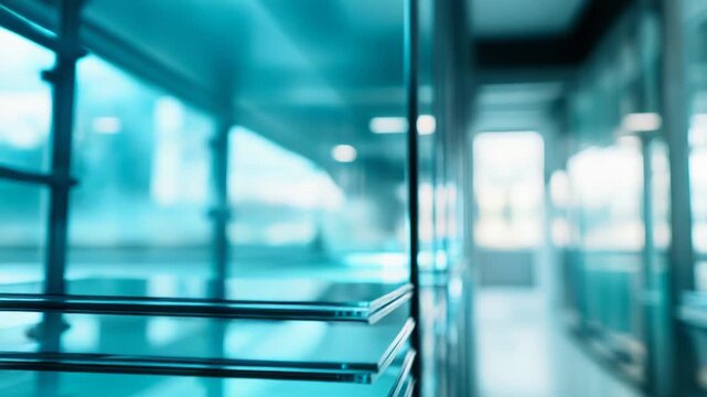 Stacked clear glass sheets showcasing transparency and reflections in a modern architectural setting, focusing on geometric design and interior aesthetics with a subtle teal hue