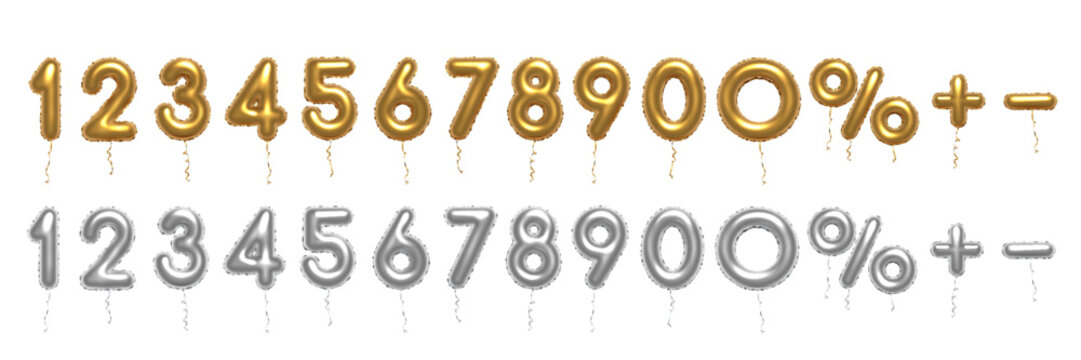 Gold and silver balloon numbers. 3D birthday golden baloon metallic numbers isolated on white. Bright realistic vector design elements for anniversary, celebration, party, sale, promotion.