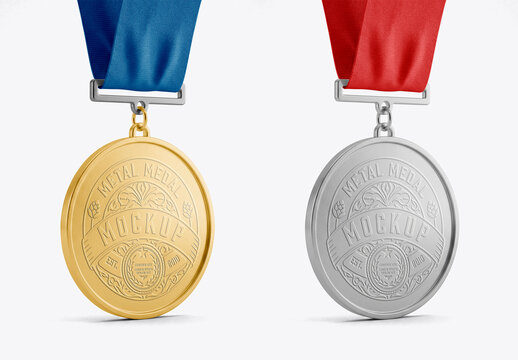 Silver medal mockup with ribbon isolated on background