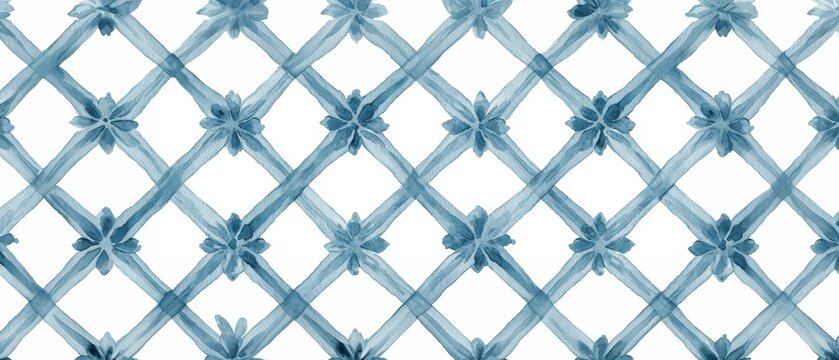 A delicate watercolor pattern with intersecting blue lines and floral motifs. White background enhances the design's elegance and symmetry.