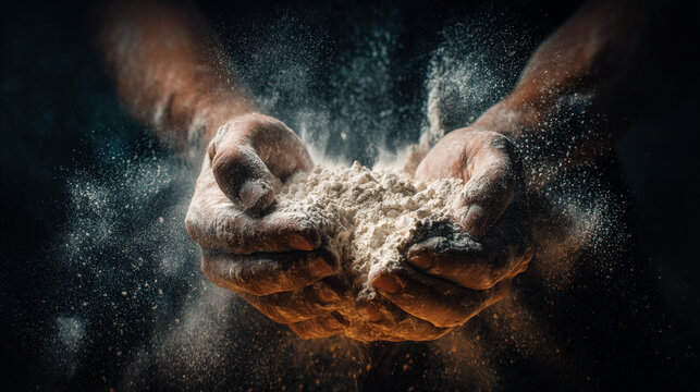 A person is kneading dough with hands covered in flour in a close-up view
