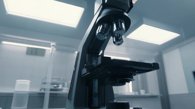 Microscope sitting on a sterile platform within a contemporary science laboratory, highlighting precision optics and advanced tools for scientific discovery and medical diagnostics