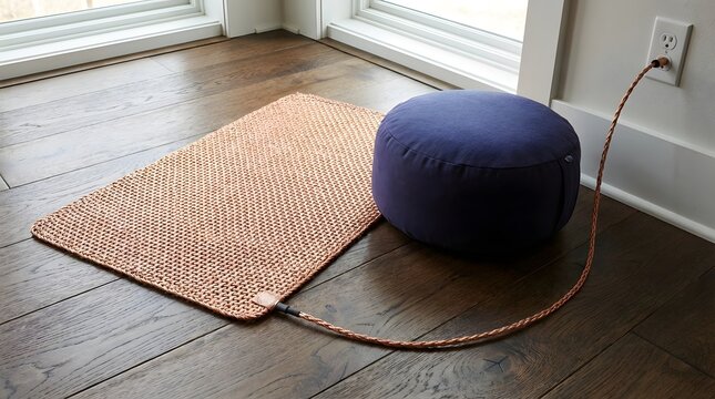 A textured earthing mat, connected to an electrical outlet with a braided cable, rests beside a round blue meditation cushion.