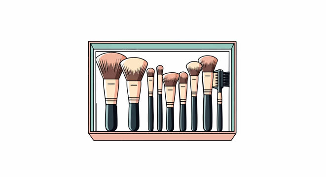 A collection of various makeup brushes organized in a light pink holder
