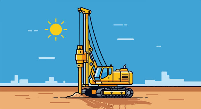 Yellow drill rig operates on construction site under sunny skies with city skyline
