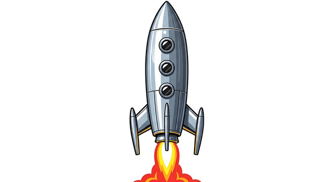 Classic silver rocket taking off with orange flames and smoke trail on white background | business startup development illustration with rocket launch