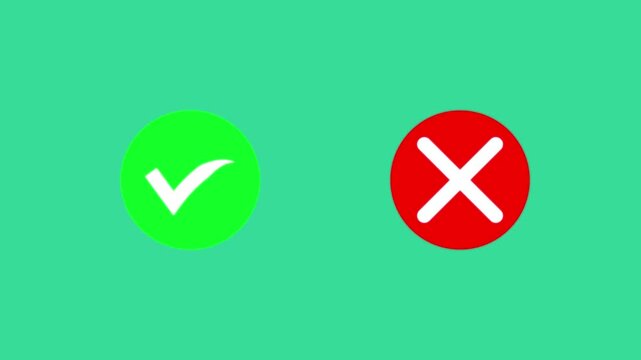 Animated pop-up green check mark and red cross X symbol on a transparent background. A checkmark in and out motion graphics animation. Video footage of yes or no, true or false with alpha channel