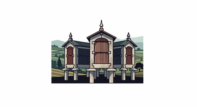 Pixel art of three granaries standing on stilts in a hilly landscape