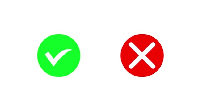 Animated pop-up green check mark and red cross X symbol on a transparent background. A checkmark in and out motion graphics animation. Video footage of yes or no, true or false with alpha channel