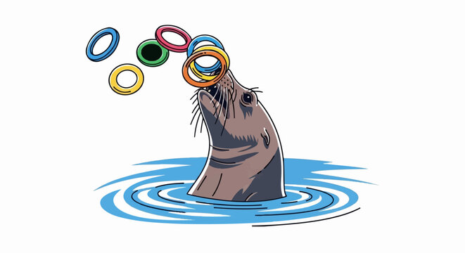 A seal balances colorful rings on its nose in blue water