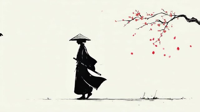 Lone male samurai walking amid falling cherry blossoms. Silhouette warrior in traditional kimono and hat with sword. Birds flying in minimalist japanese nature scene evoking transience and serenity.