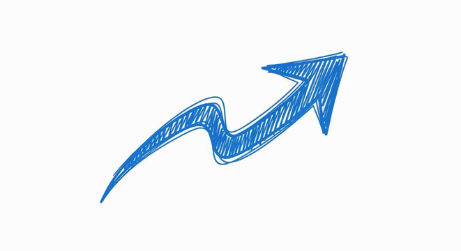 Blue crayon arrow drawing depicts upward trajectory on white background