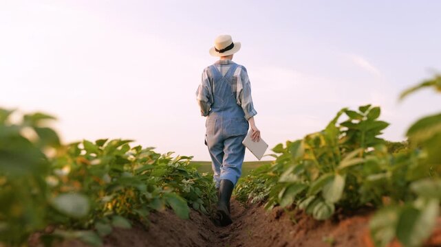 A woman in overalls and a straw hat walks through a field of crops holding a tablet computer