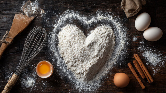 A baking scene featuring flour, eggs, and cinnamon sticks arranged on a dark surface