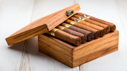 Fototapeta premium Selection of cigars with bands inside open wooden box on table