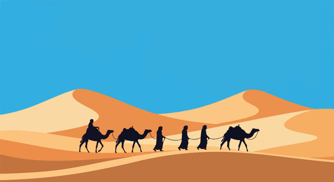 Silhouetted figures and camels traverse vast desert dunes under a bright blue sky