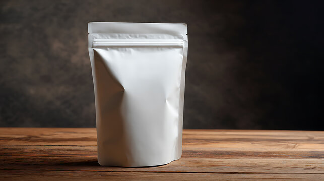 Blank white stand-up pouch on rustic wooden table, perfect for product photography or minimalist mockups with copy space