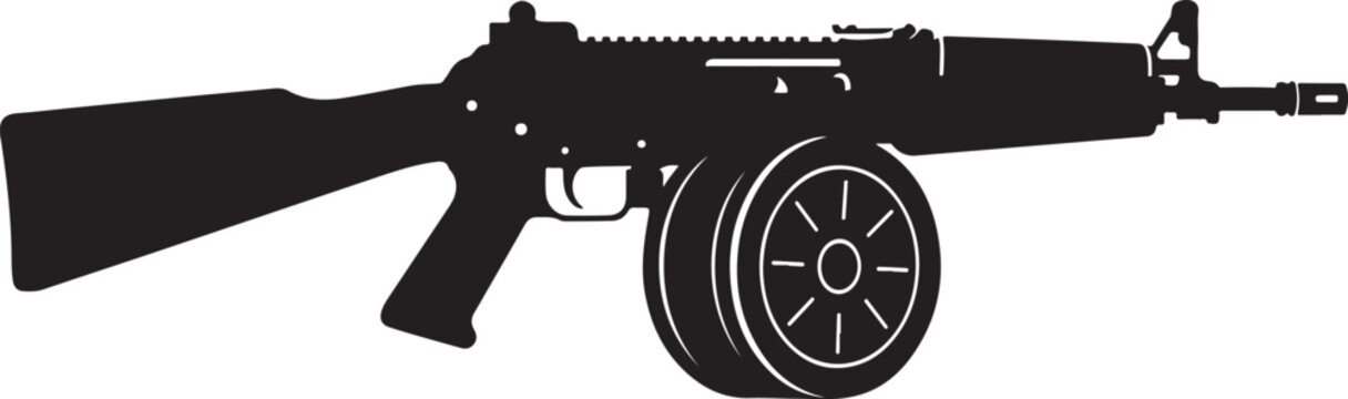 Machine gun, assault rifle, black silhouette, vector graphic, military weapon, warfare icon