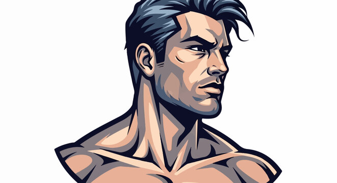 Muscular man's torso and profile portrait with dark hair and intense gaze