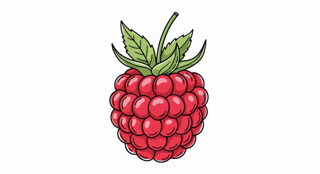 A bright red raspberry with green leaves, on a white background