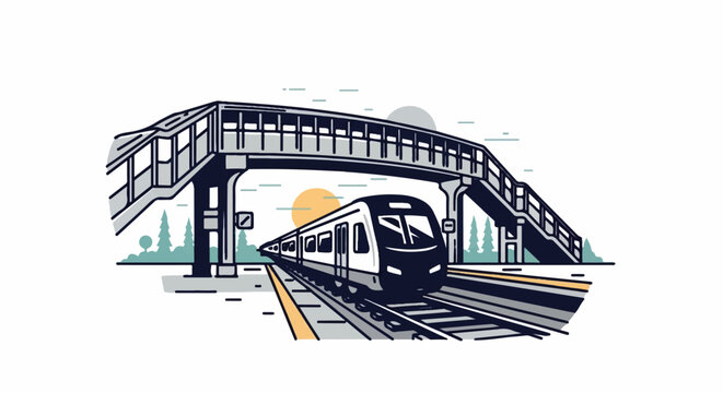 Modern train approaches station under a pedestrian overpass with stylized sun and trees