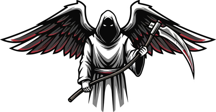 Ethereal winged figure in a white cloak holding a scythe