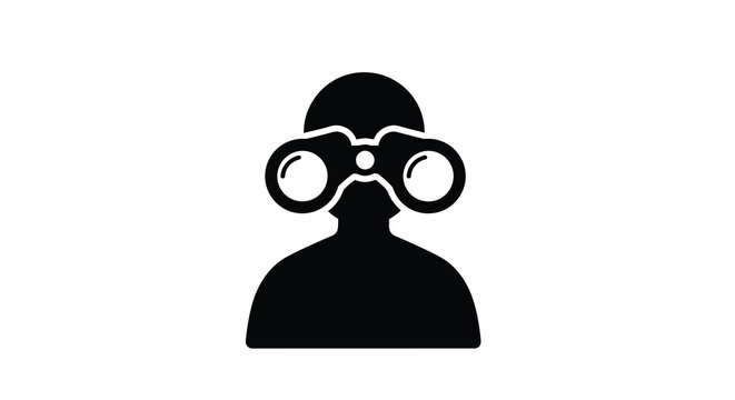 A minimalist black silhouette of a person looking through binoculars suggesting observation and scouting activity high quality professional detailed modern elegant
