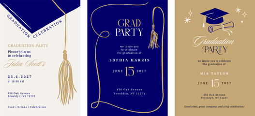 Class of 2026 elegant blue and gold graduation party celebration vertical invitations  © Marina Zlochin